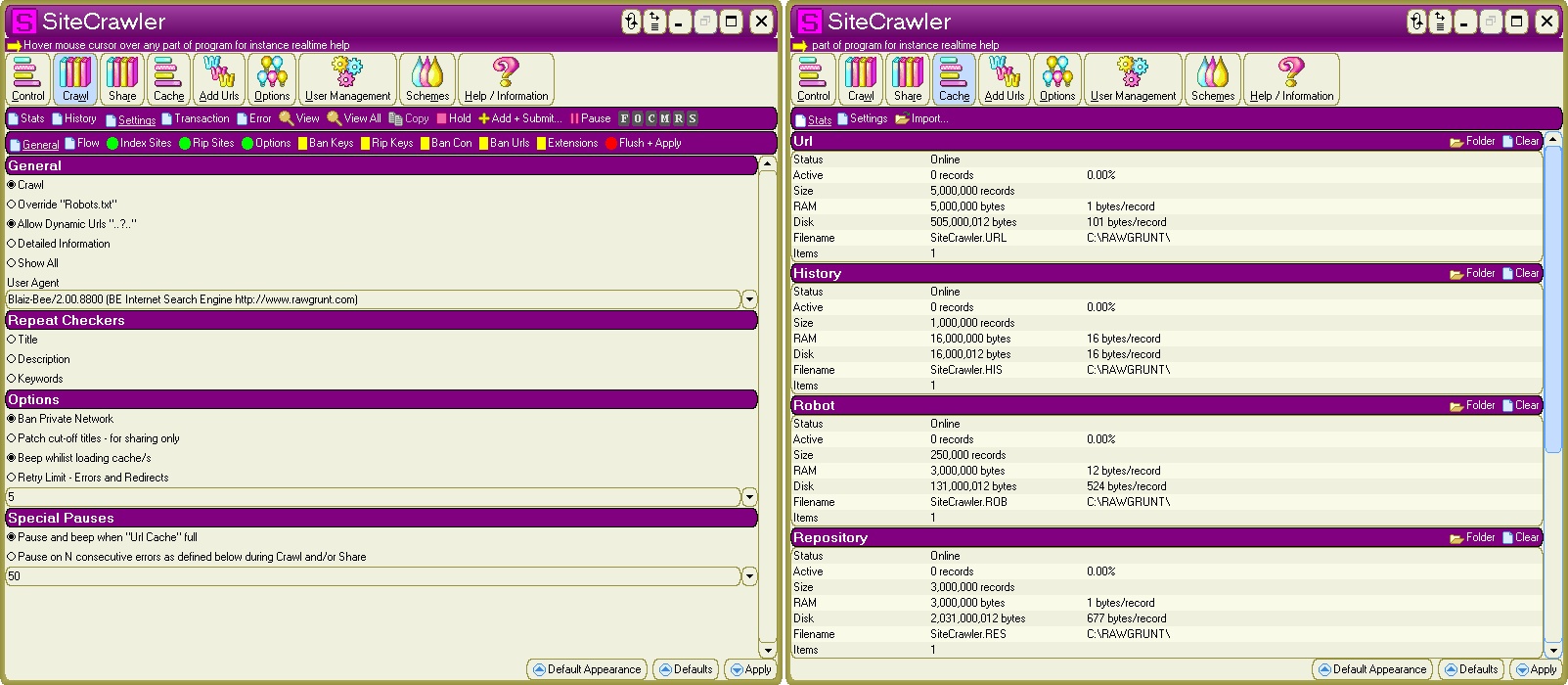 SiteCrawler crawled the internet for RawGrunt - we ran multiple copies centrally coordinated via an information server, which oversaw RawGrunt's critical network operations, and amongst other functions, automatically split full data banks (DBs) and propagated them to new machines
Click to view image full size in a new tab