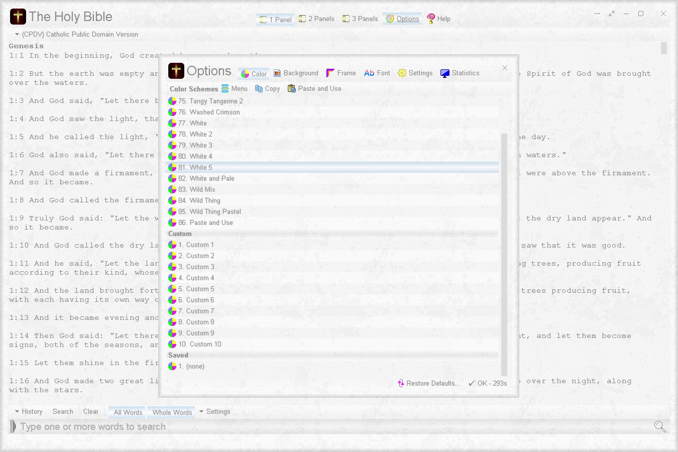 Changing the color scheme via the Options window